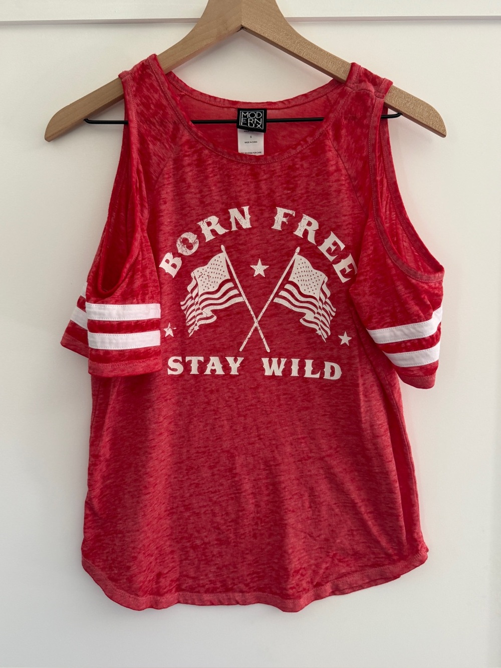 Modern Lux Born Free Stay Wild Cold Shoulder Graphic Tee Red Americana